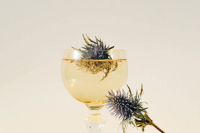 glass with champagne and a thorn on a yellow background creative composition of drink and flower