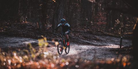 mountainbiker in het bos