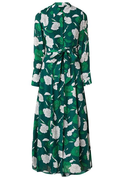 Clothing, Green, Dress, Day dress, Sleeve, Outerwear, Robe, Trench coat, Pattern, Gown, 