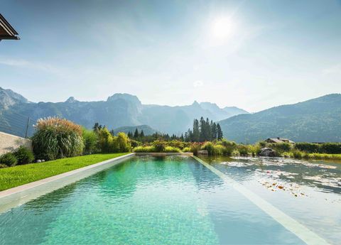 a pool in the austrian mountains by biotop, which has one area for swimming and another for plants
