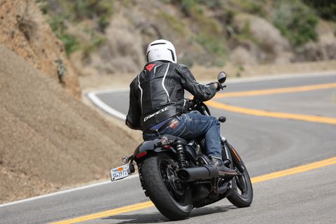 harley davidson nightster from the rear driving on a mountain road