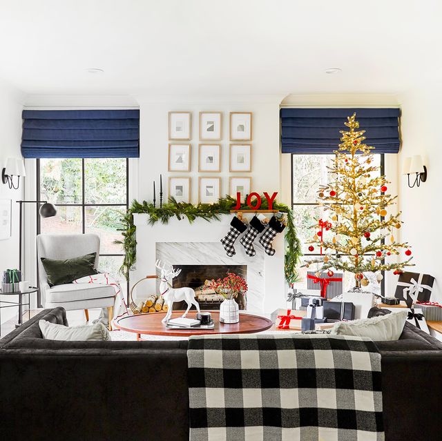 black and white christmas decorations in contemporary living room