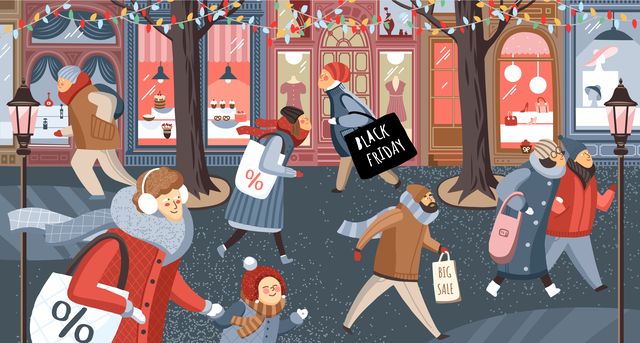 black friday vector cute illustration of people on the street in the city and families shopping at the store, at the market for sales drawing for banner, background or poster