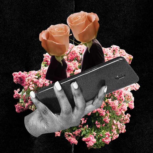 collage of a black woman's hand holding a phone with two people behind it and flowers over their heads
