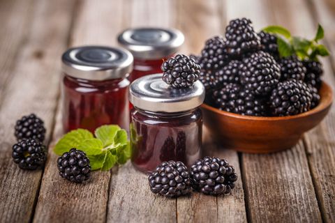 blackberry fruit and jam,close up of blackberries and blackberries in jar on table