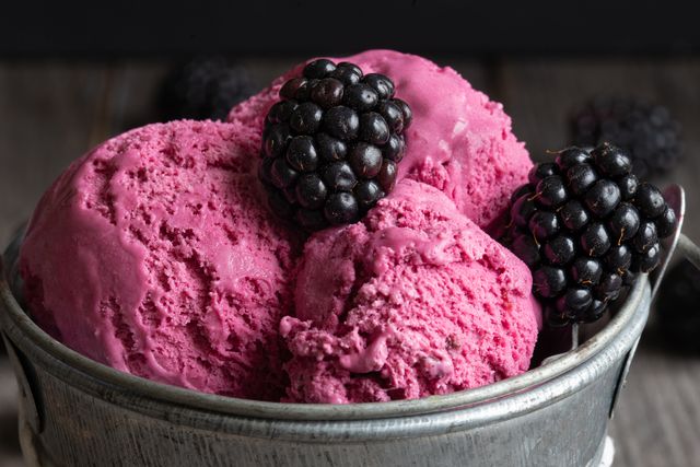 blackberry ice cream and fruits close up