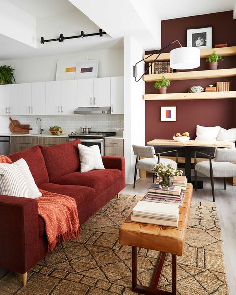 lounge, orange couch, white cushions
