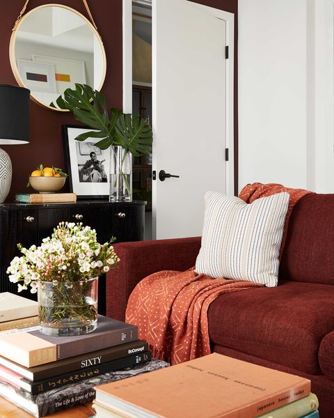lounge, orange couch, white cushion