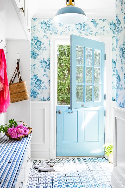 blue and white mudroom