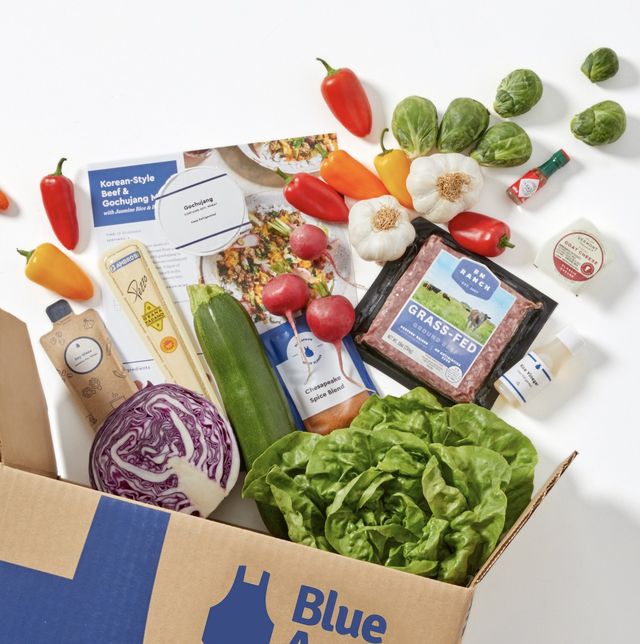 best cheap meal delivery service kit featuring a cardboard box with produce, meat and recipe cards spilling out of box