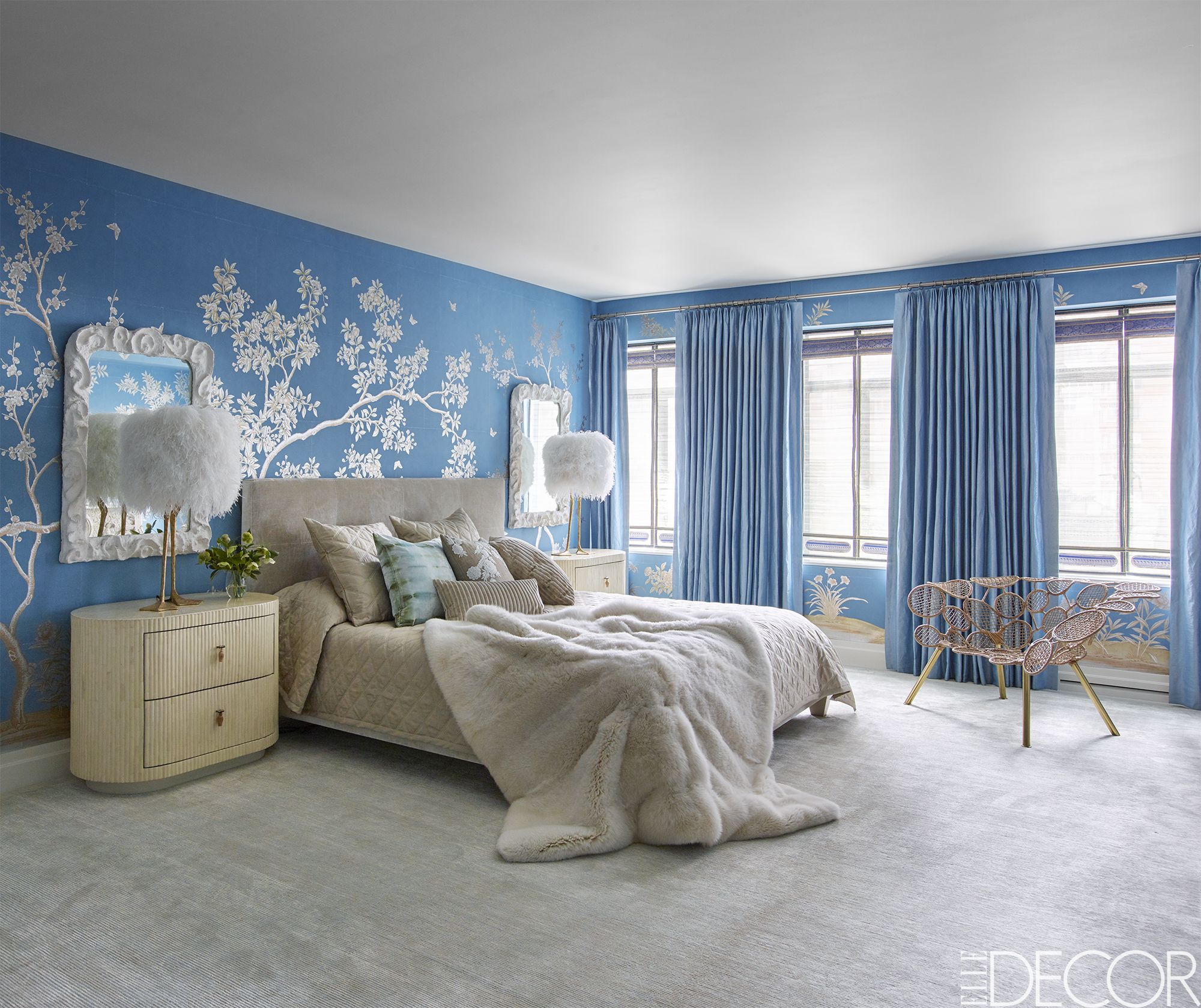 Featured image of post Aesthetic Bedroom Blue Walls - Light blue primary bedroom decorated with ornate mirror and stylish table lamps that sit on white nightstands.