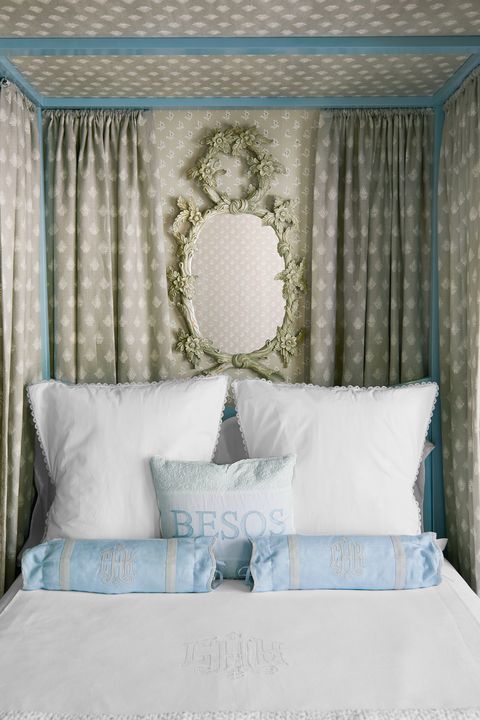 Bedroom, Bed, Furniture, Room, Turquoise, Interior design, Aqua, Curtain, Bedding, Canopy bed, 
