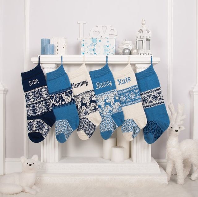 blue christmas decor ideas stockings