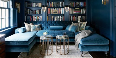 Living room, Blue, Room, Furniture, Interior design, Bookcase, Building, Shelving, Wall, Couch, 