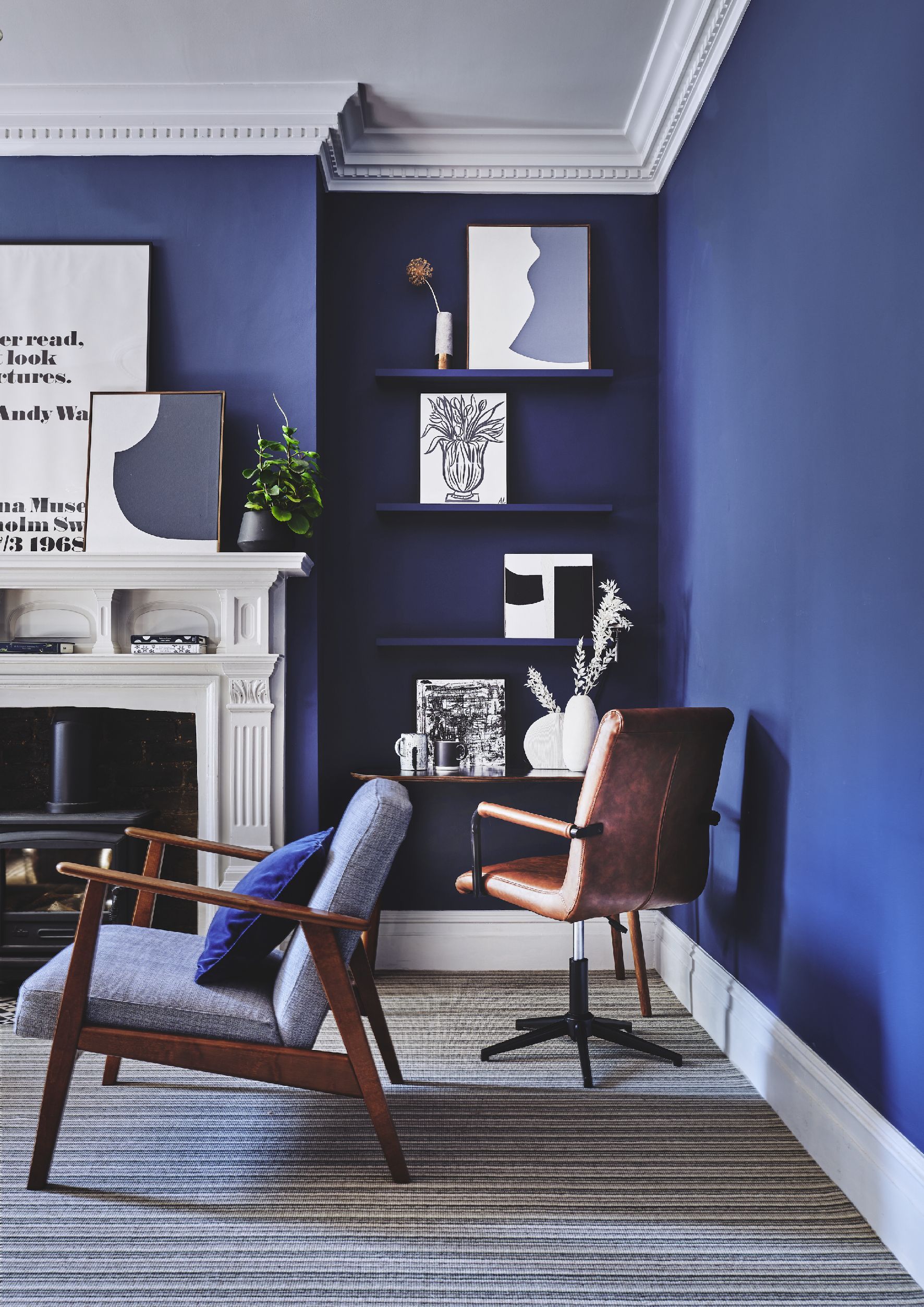 beige and dark blue living room