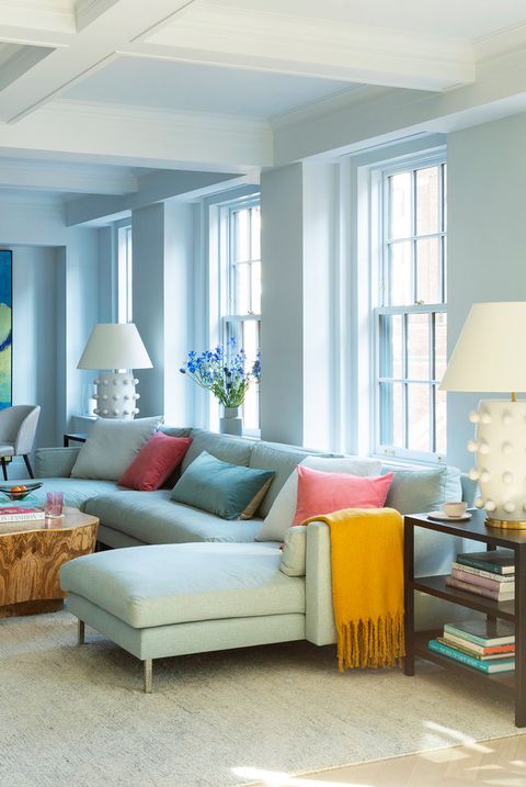 Furniture, Living room, Room, Interior design, Blue, Property, Yellow, Floor, Building, Turquoise, 