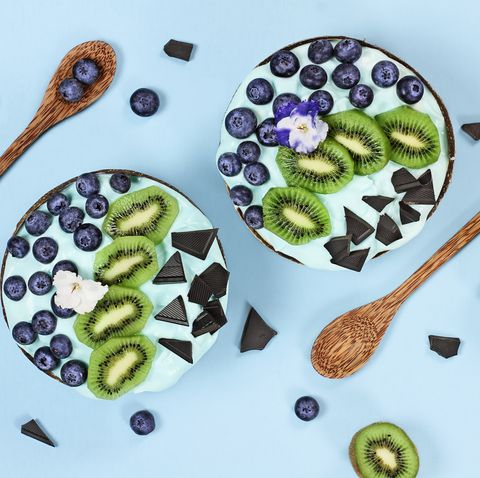 Blue Spirulina and Berry Smoothie Bowl with Blueberries Kiwi and Chocolate
