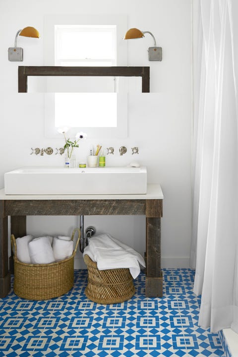 blue tiled bathroom with storage baskets