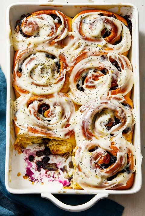 blueberry sweet rolls with lemon in a white baking dish