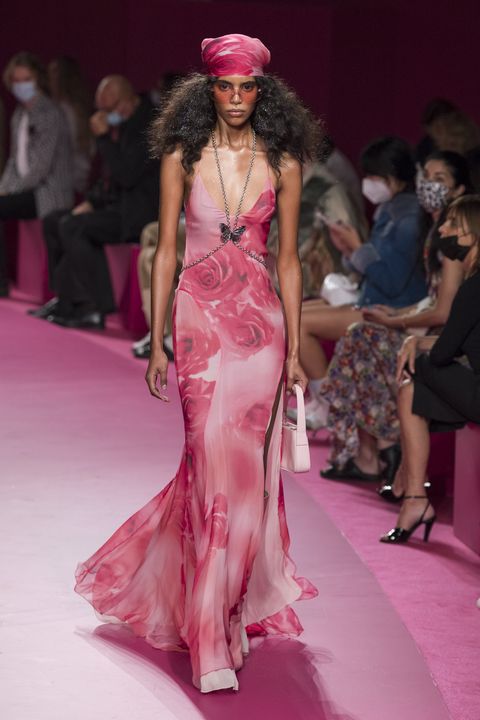 model in pink flower dress on blumarine runway