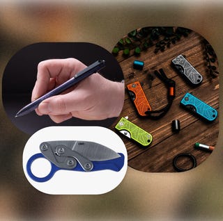 collage of a folded knife, knives on a wooden table, and a hand holding a pen