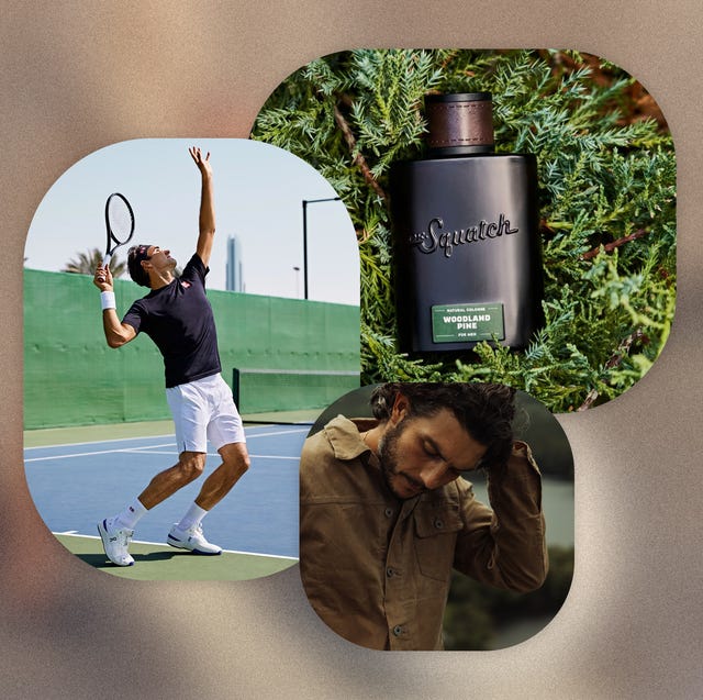 tenis oynayan bir adam, ceket giyen bir adam ve çam iğnelerinde bir şişe duş jeli kolajı