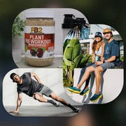 pb2 pre workout, man doing side planks, and two people sitting on a wall drinking athletic beer