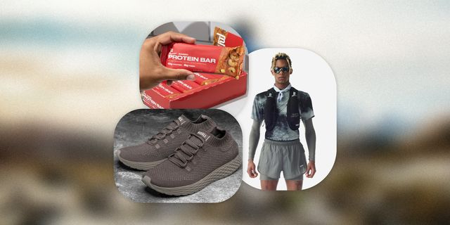 collage of sneakers, protein bars, and a person wearing a running vest