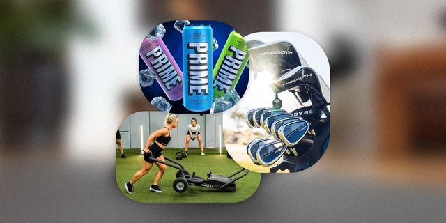 collage of a woman working out on turf, cans of energy drinks, and a bag of golf clubs