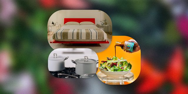 collage of a red bed frame, cookware, and a salad with dressing being poured on top