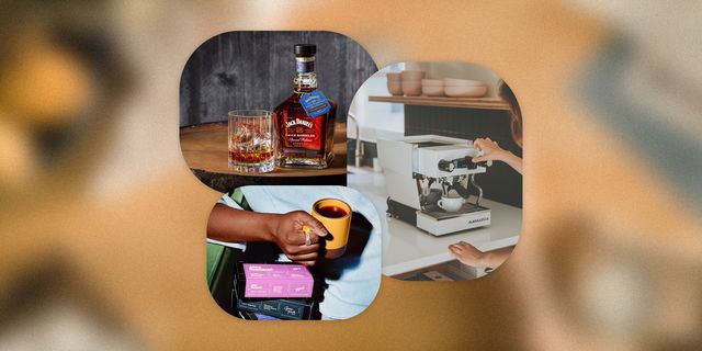 collage of an espresso machine, a man holding a mug next to coffee and jack daniels whiskey on a barrel with a glass