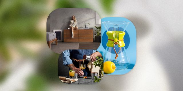 collage of a woman sitting on a dresser, a chemex coffee maker, and a person making a cocktail