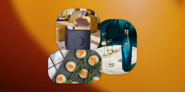 collage of caviar, a modular block table, and patron on a table