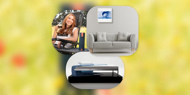 collage of a woman sitting with a thermos and cup of coffee, a couch with framed artwork, and a bedframe