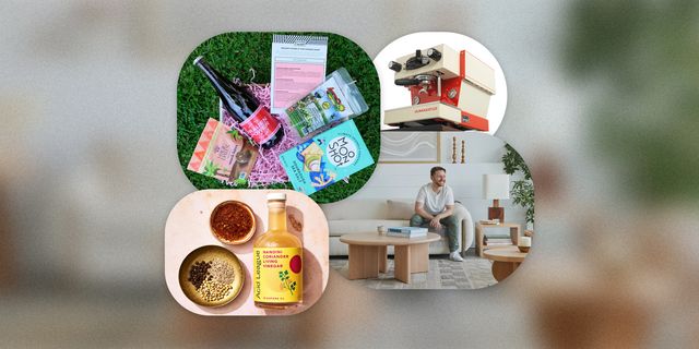collage that shows an at home espresso machine, snack box, coriander kit, and avocado zero waste furniture collection