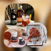 collage of a cocktail, ceramic plates and bowls, and a fish fryer