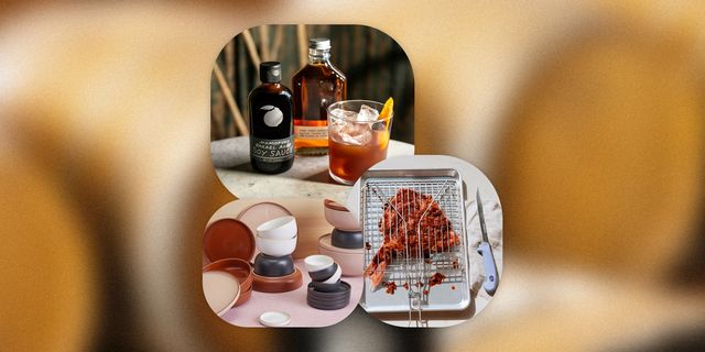 collage of a cocktail, ceramic plates and bowls, and a fish fryer