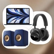collage of macbook, speakers, and headphones
