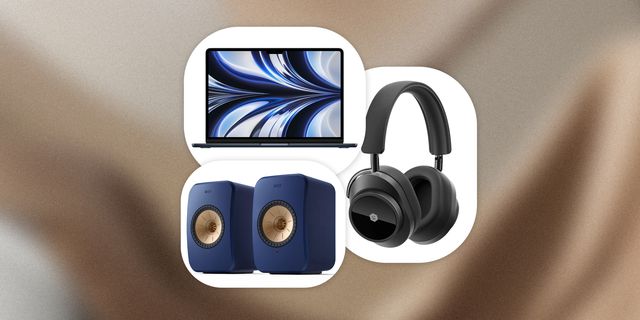 collage of macbook, speakers, and headphones