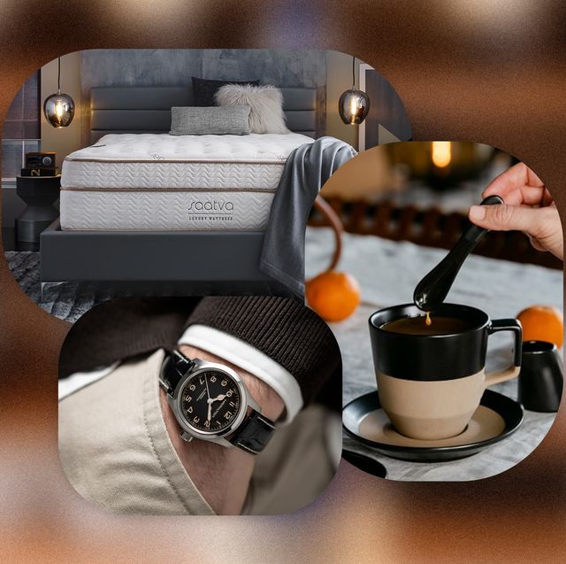 collage of a mattress in a bedroom, a man wearing a watch with his hand in a pocket, and a person stirring a spoon in a coffee cup