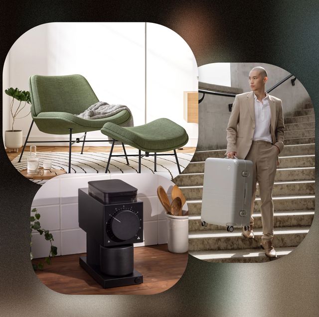 collage of a chair and ottoman, coffee grinder and maker, and a man carrying a hard suitcase