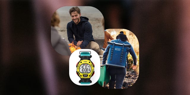 collage of a man wearing a hoodie around a campfire, a watch, and a woman wearing a yeti backpack cooler while carrying a canoe