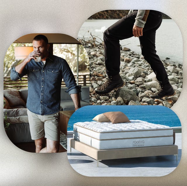collage of a man sipping a drink, someone walking on rocks with hiking boots and a mattress