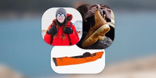 collage of a woman wearing a red winter jacket, brown boots, and an orange kayak