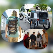 collage of a man wearing a backpack, a dog in a bike carrier, and four people around a campfire