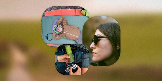collage of a man laying on a camping mattress, a woman wearing sunglasses, and a person packing a vessel supply kit