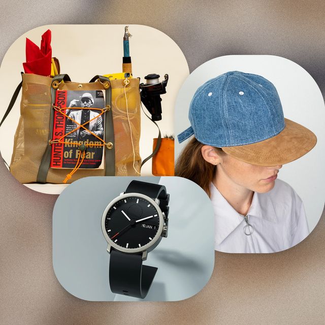 collage of a tote bag, denim hat, and black watch