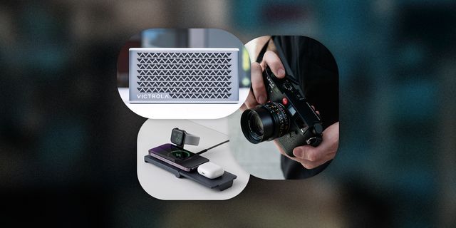 collage of a speaker, camera, and charging dock