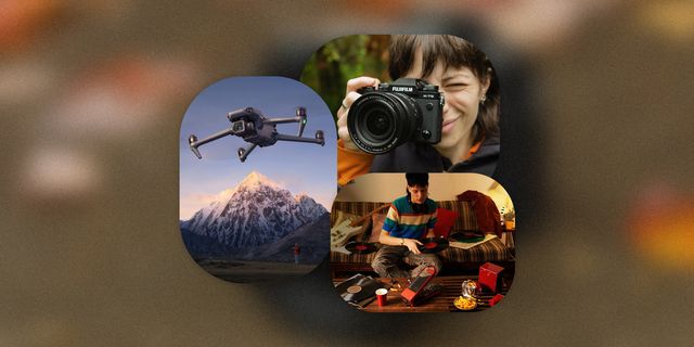 collage of a woman shooting a camera, a drone flying, and someone sitting on a couch with records