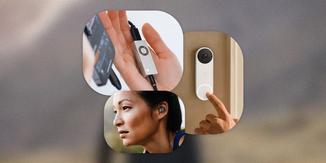 collage of an mp3 player adapter, doorbell, and woman wearing ear buds